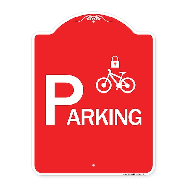 Parking With Cycle and Lock, Red & White Aluminum Architectural Sign, 18" x 24", RW-1824-24625